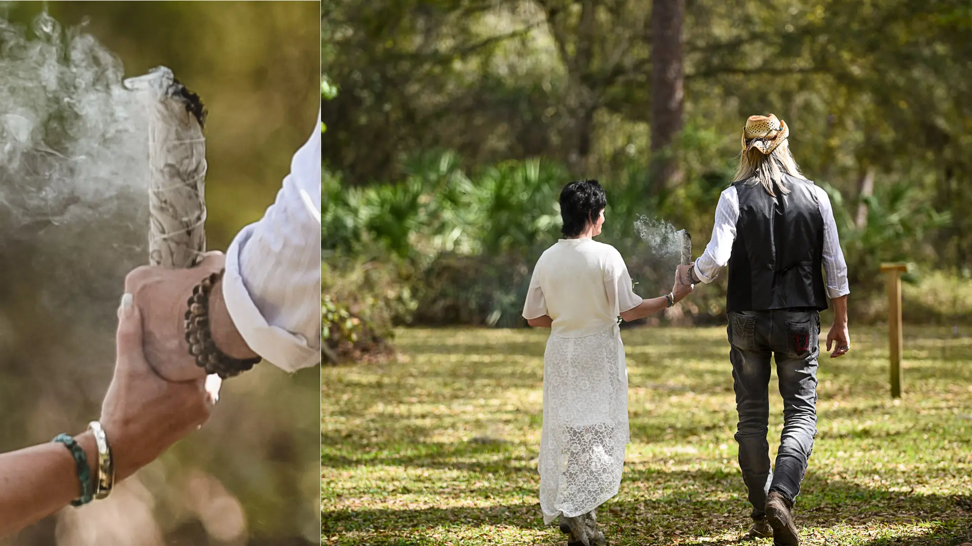 Hochzeit naturverbunden, Foto von einer indianisch inspirierten Hochzeit und Brautpaar beim Salbei reuchern.