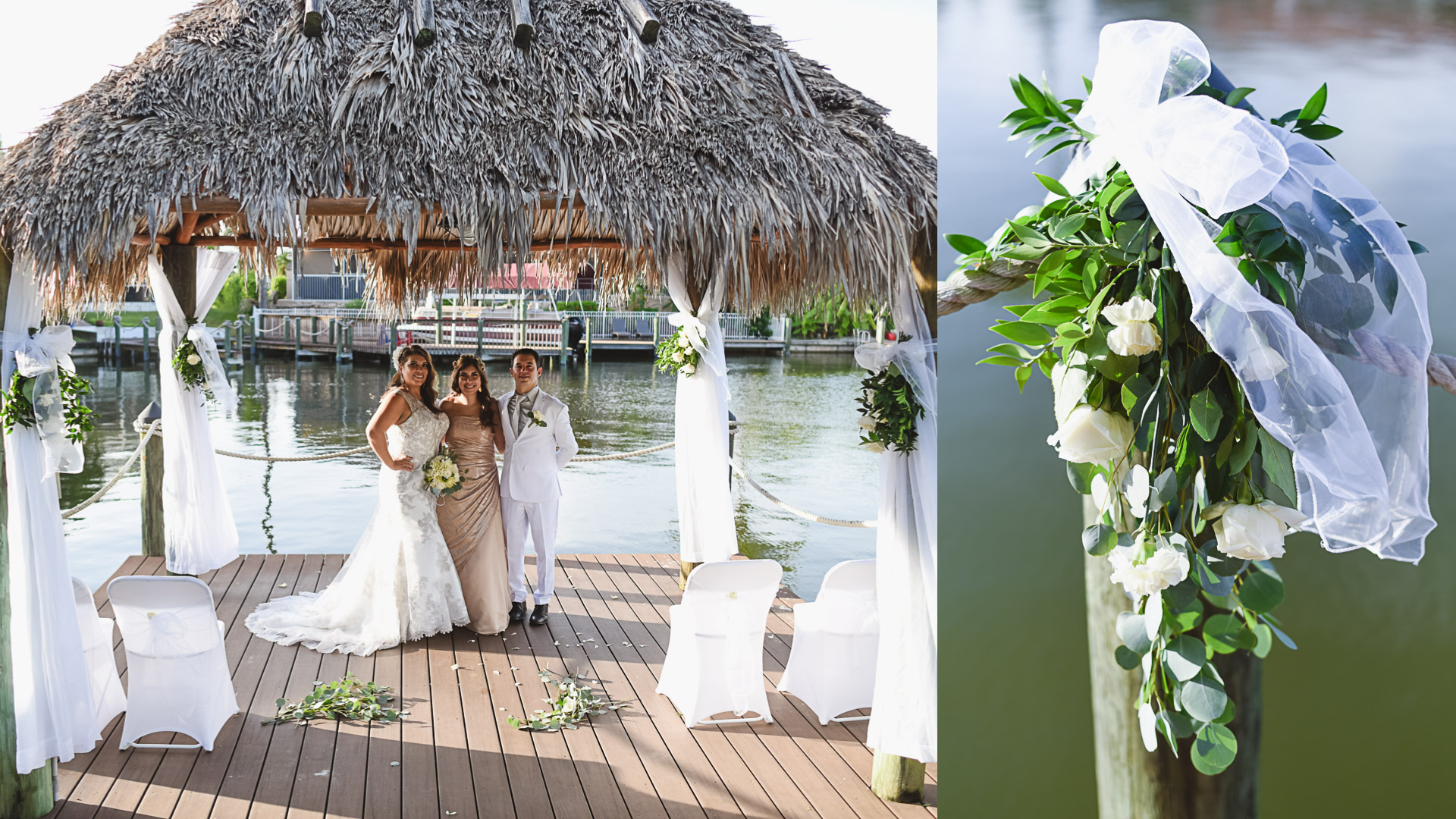 Hochzeit während COVID 19 in Florida zeigt Dekor am Bootssteg mit Frischblumen