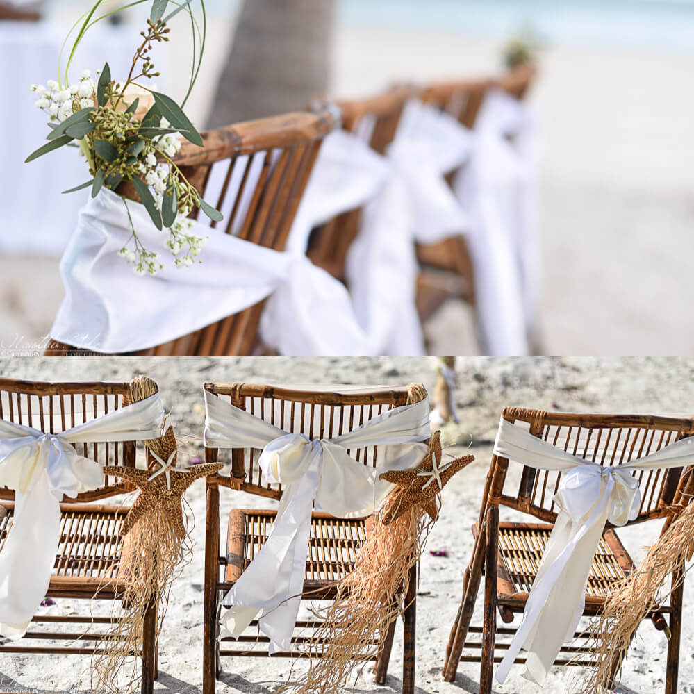Strandhochzeit im Boho Stil, Bild von Bambus Stühlen mit Dekoration