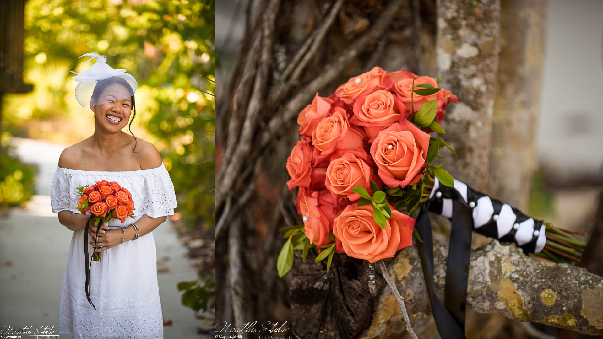 Symbolische Hochzeit Florida, Foto von Braut und Blumenstrauß