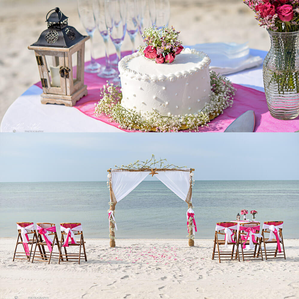 Bohemian Strandhochzeit in Forida, Bild vom Hochzeitsbogen und Torte