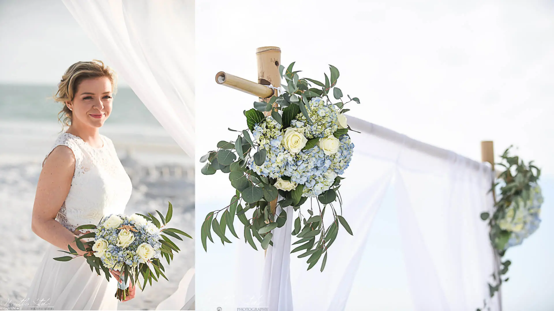 Strandhochzeit Florida, Foto von Dekoration mit Frischblumen in hellblau und weiß