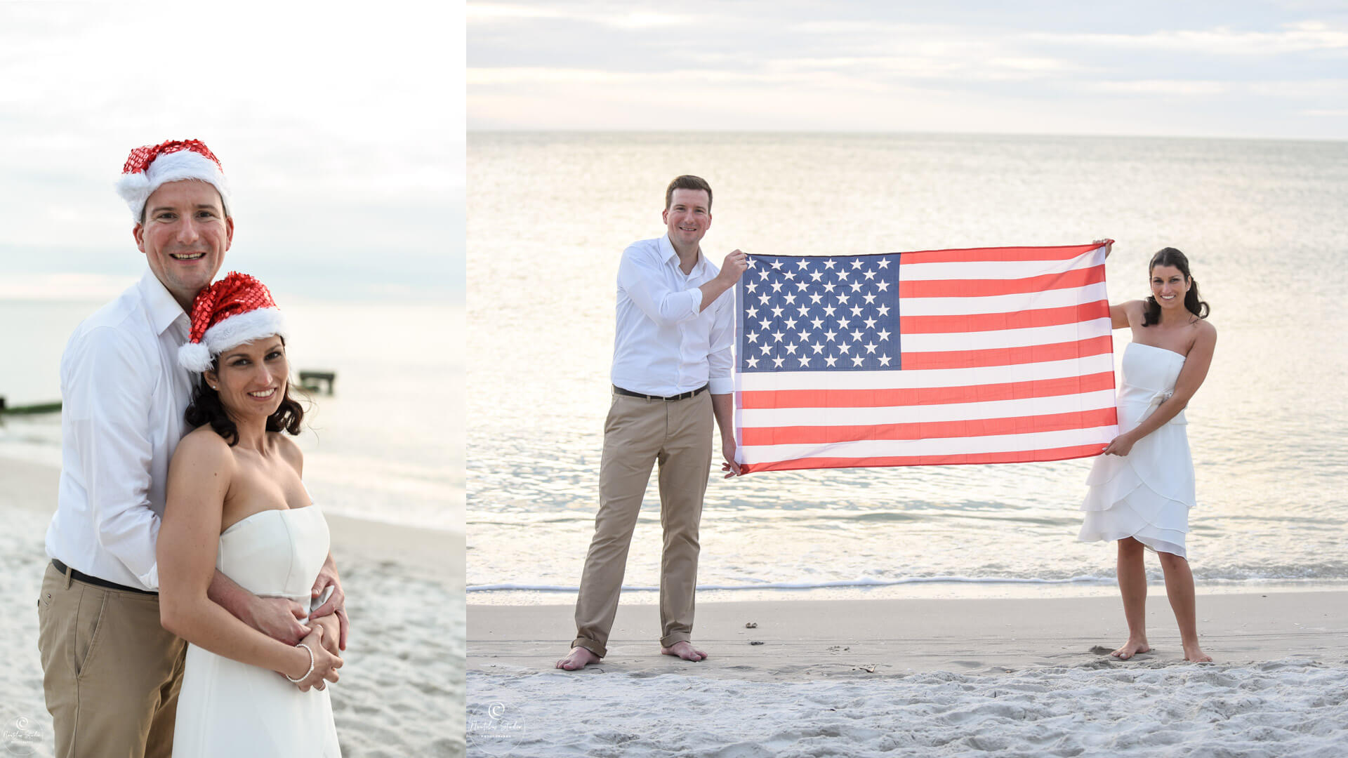 Foto von Brautpaar in Florida am Strand mit Amerikanischer Flagge und Weihnachtsmann Muetzen