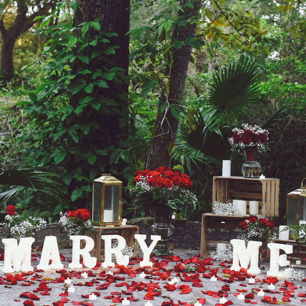 Foto zeigt Dekoration von einem Heiratsantrag in einem Park mit echten Rosen und Rosenblaettern und Marry Me Buchstaben