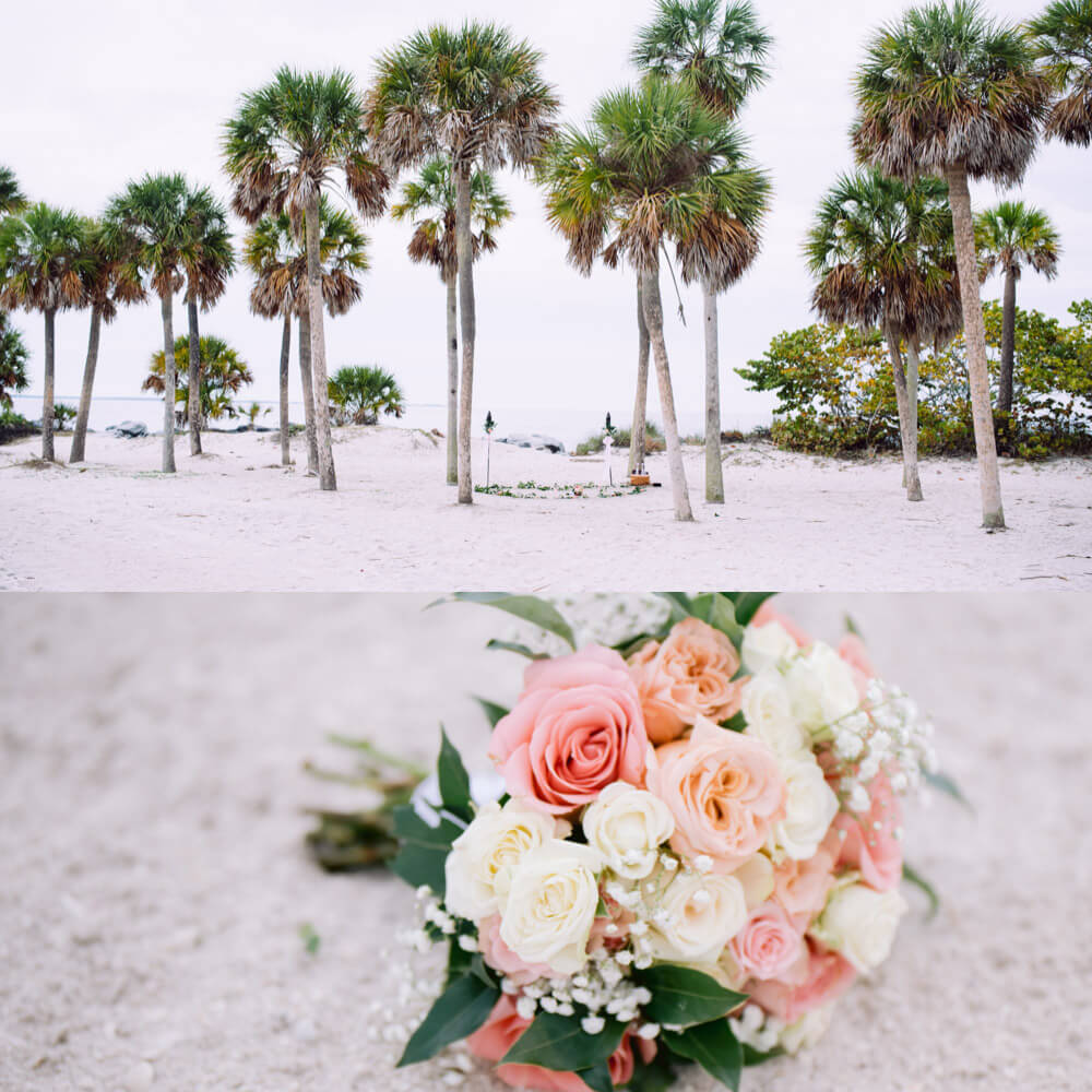 Einfaches Strandhochzeitspaket und Elopement in Florida. Foto zeigt die Dekoration unter Palmen und Brautstrauss