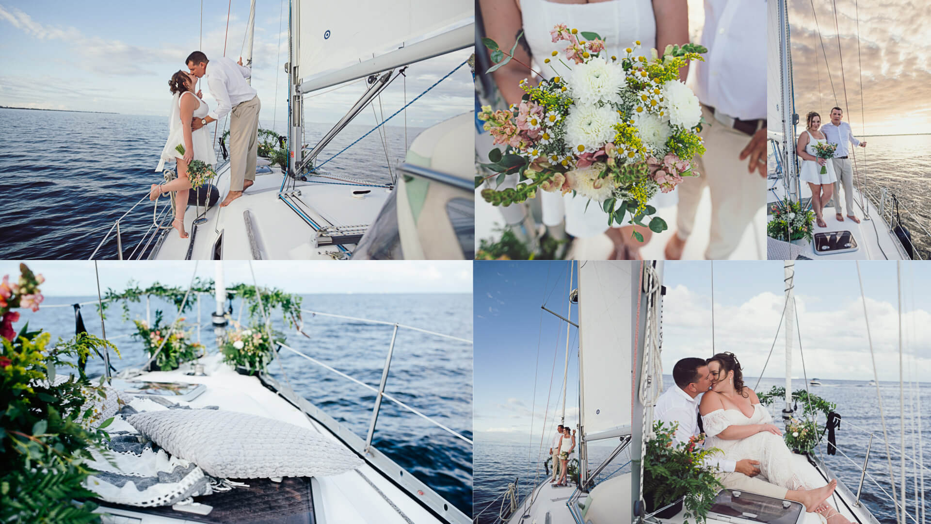 Exklusive Segelboot Hochzeit in Florida für zwei. Fotos zeigt wunderschön dekoriertes Segelboot und Brautpaar in verschiedenen Posen.